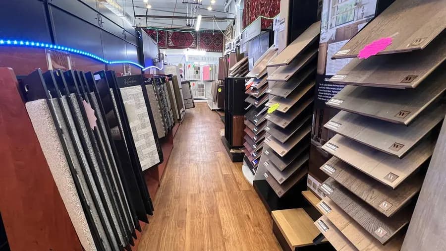 Flooring displays and rugs inside the showroom