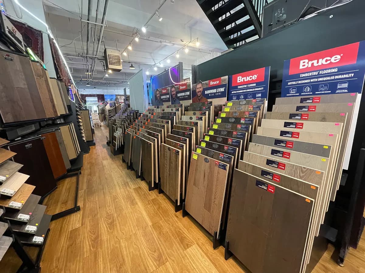 Full-size hardwood sample displays in the showroom